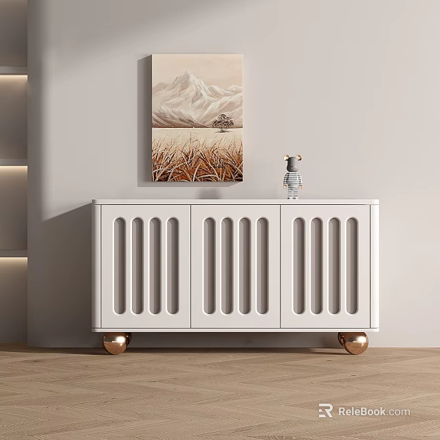 White Decorative Cabinet With Vertical Slatted Doors Gold Spherical Legs And Vase On Lit Wall 3d model 