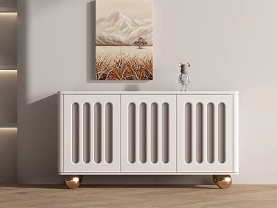 White Decorative Cabinet With Vertical Slatted Doors Gold Spherical Legs And Vase On Lit Wall 3d model