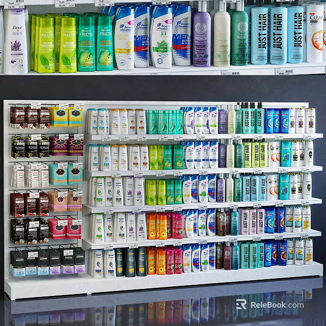 Retail Display Shelves With Multiple Tiers And Neatly Arranged Daily Necessities Products 3d model 