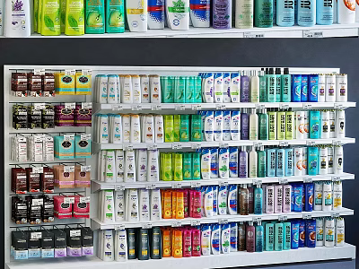 Retail Display Shelves With Multiple Tiers And Neatly Arranged Daily Necessities Products 3d model