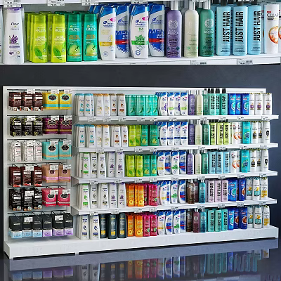 Retail Display Shelves With Multiple Tiers And Neatly Arranged Daily Necessities Products 3d model
