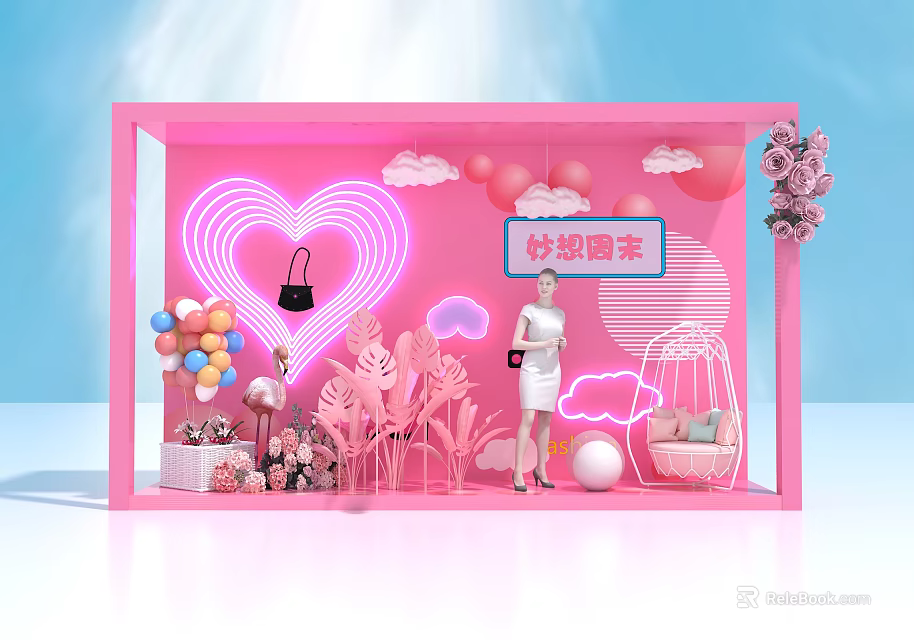 Pink Themed Decorative Scene With Heart Neon Light Balloons Clouds Flowers And Sofa 3d model 