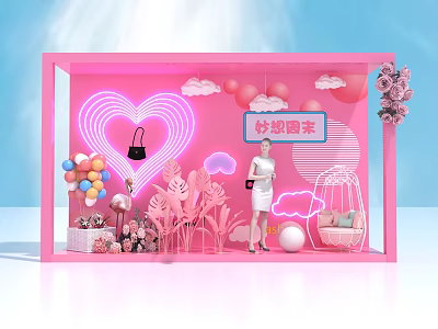 Pink Themed Decorative Scene With Heart Neon Light Balloons Clouds Flowers And Sofa 3d model