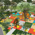 Vibrant Children's Play Area Featuring Orange Structures Blue Yellow Umbrellas Colorful Flooring and Trees