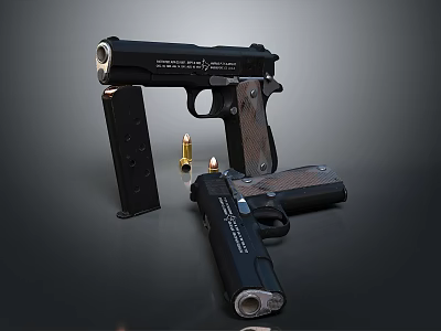 Black Handgun With Magazines Bullets And Disassembled Parts On Dark Surface 3d model