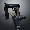 Black Handgun With Magazines Bullets And Disassembled Parts On Dark Surface