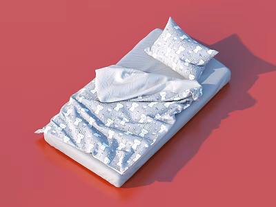 Cozy White Bed Linen Set With Soft Mattress Patterned Pillow And Blanket 3d model