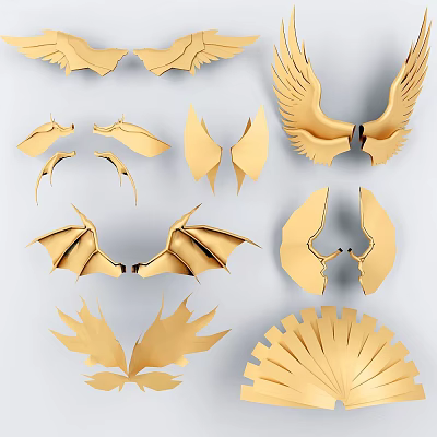 Golden Decorative Pendants with Various Wing and Fan Shapes for Home Ornament 3d model
