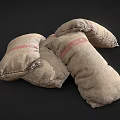 Aged Textured Sacks With Red Stripes Stacked On Dark Background