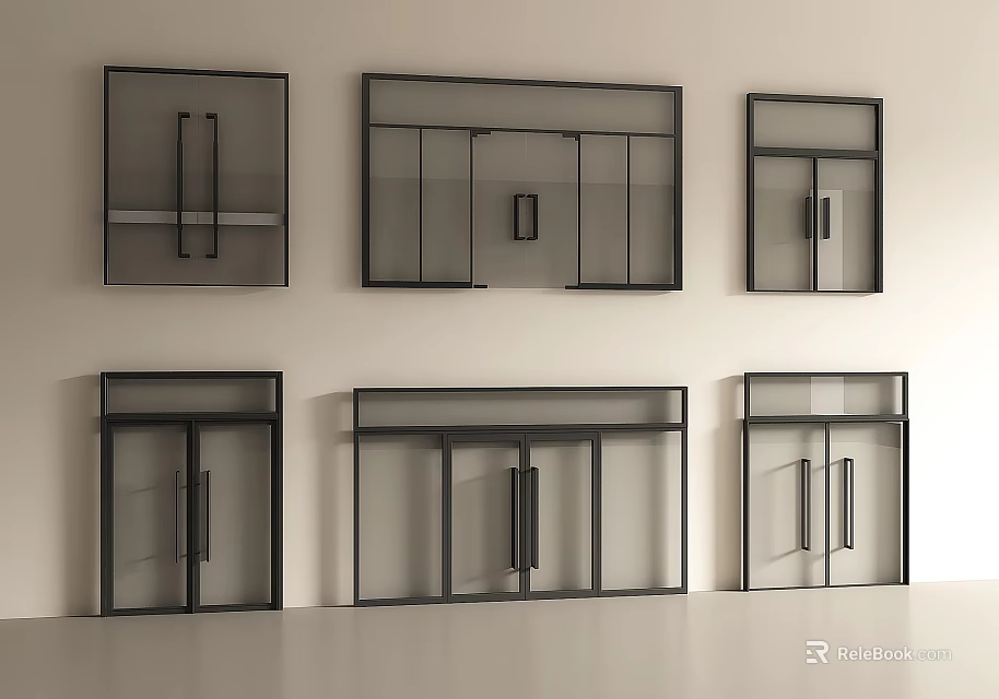 Modern Double Doors in Various Designs with Glass Panels and Black Frames 3d model 