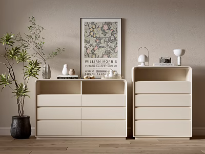 Cream Colored Dressers With Decorative Items Framed Artwork And Potted Plant 3d model
