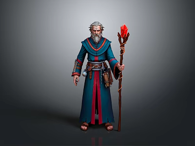Old Man in Blue Robe with Gray Beard Holding Red Flame Staff and Brown Belt 3d model