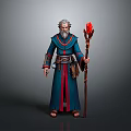 Old Man in Blue Robe with Gray Beard Holding Red Flame Staff and Brown Belt