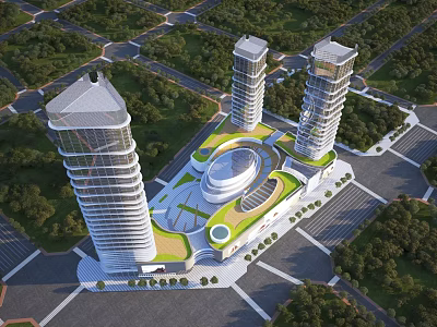 Birds Eye View Planning Of Urban Design With Skyscrapers Green Roofs And Circular Structure 3d model
