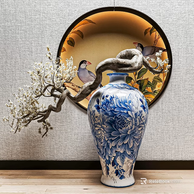 Bonsai Plant with Curved Branches White Blossoms in Blue White Vase Peony Patterns Decorative Plate 3d model 
