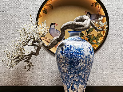 Bonsai Plant with Curved Branches White Blossoms in Blue White Vase Peony Patterns Decorative Plate 3d model