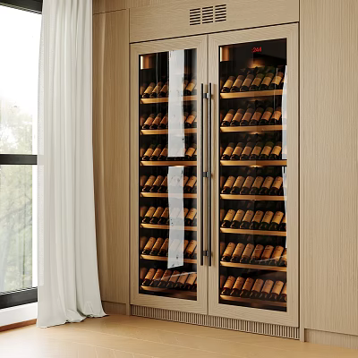 Modern Wooden Wine Cabinet With Glass Doors And Multiple Shelves For Wine Bottles Storage 3d model