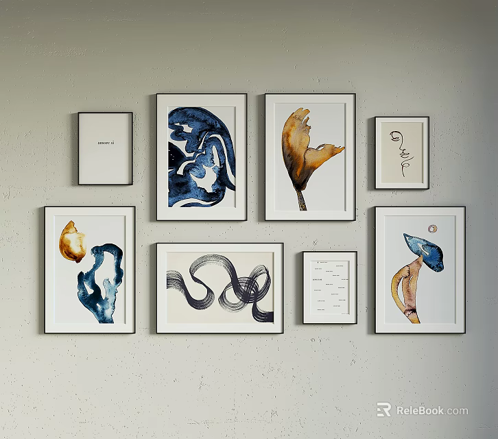 Framed Abstract Wall Art With Various Blue Yellow Patterns On White Background 3d model