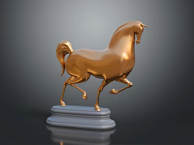 Golden Running Horse Sculpture With Gray Base And Elegant Dynamic Stance 3d model