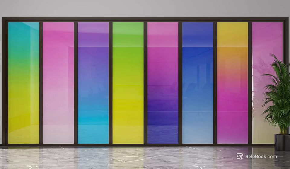 Colorful Gradient Glass Partition Enhancing Modern Interior Space With Smooth Reflective Floor 3d model 
