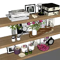 Decorative Ornament Set With Framed Photos Vases Fresh Roses And Books On Wooden Shelves