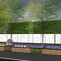 Outdoor Wooden Bench In Garden With Trees Purple Flowers White Wall And Metal Planter