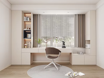 Modern Minimalist Built in Bookcase Interior Design With Desk Chair Window Blinds And Decorative Plant 3d model