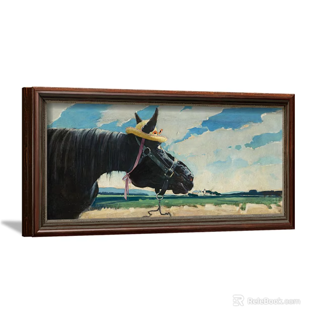 Animal Painting Featuring Black Horse With Yellow Hat Pink Decorations Blue Sky And Green Grass 3d model 