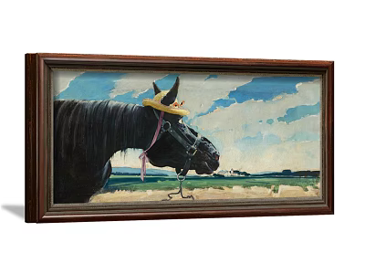 Animal Painting Featuring Black Horse With Yellow Hat Pink Decorations Blue Sky And Green Grass 3d model