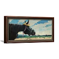 Animal Painting Featuring Black Horse With Yellow Hat Pink Decorations Blue Sky And Green Grass