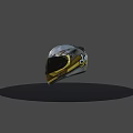Shiny Modern Motorcycle Helmet in Silver and Gold with Glossy Visor and Streamlined Design