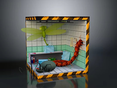 Cube Scene With Yellow Black Caution Stripes Green Dragonfly Red Centipede Blue Bed Medical Supplies 3d model
