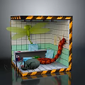 Cube Scene With Yellow Black Caution Stripes Green Dragonfly Red Centipede Blue Bed Medical Supplies