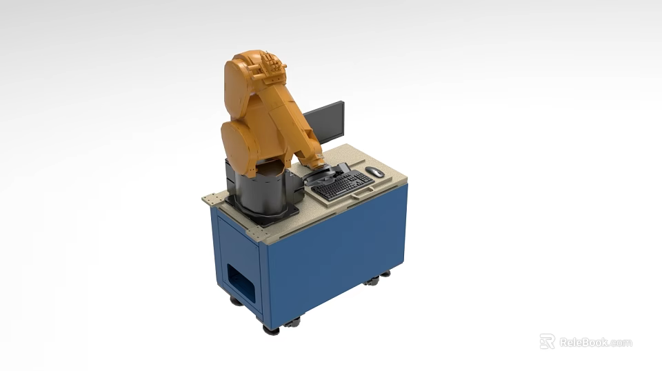 Industrial Equipment Robotic Arm Workstation With Blue Control Console And Computer 3d model 