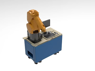 Industrial Equipment Robotic Arm Workstation With Blue Control Console And Computer 3d model
