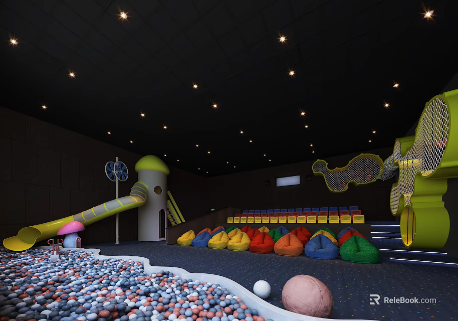 Family Friendly Cinema Interior With Colorful Inflatable Seats Slide Ball Pit And Mushroom Decorations 3d model 