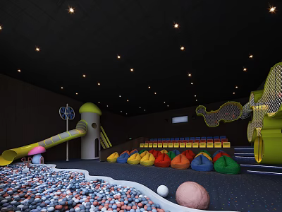 Family Friendly Cinema Interior With Colorful Inflatable Seats Slide Ball Pit And Mushroom Decorations 3d model