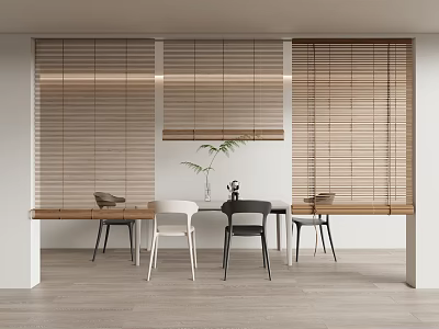 Light Wooden Bamboo Blinds In Modern Dining Room Interior With Natural Light And Minimalist Furniture 3d model