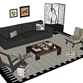 Black Leather Sofa and Wooden Coffee Table Set with Throw Pillows Armchairs and Floor Lamp