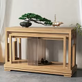 Wooden Decorative Console Table With Potted Plant Deer Ornament Curtain And Lantern