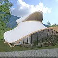 Modern Boutique Guesthouse With Curved White Roof Large Glass Windows Wooden Frames And Green Surroundings
