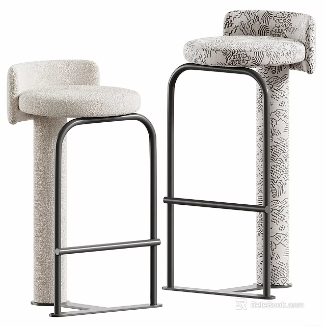 Modern Bar Stools With Beige Fabric Seats And Black Metal Frames 3d model