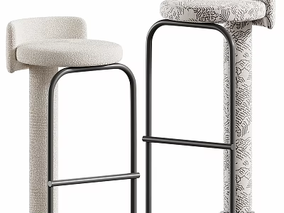 Modern Bar Stools With Beige Fabric Seats And Black Metal Frames 3d model