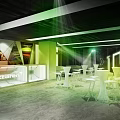 Futuristic Interior Space With Green Lighting Geometric Patterns And White Furniture