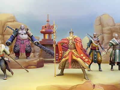 Game Movie Characters in Ancient Costumes With Weapons Against Rocky Terrain And Ancient Architecture 3d model