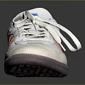 White Sports Shoes With Orange Stripes White Laces Blue Tongue Logo And Purple Sole
