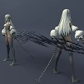 Game and Movie Character with Silver White Hair Mechanical Arms and Tight Outfit