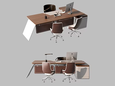 Modern Office Desk With Wooden Surface Computer Monitor And Ergonomic Chairs 3d model