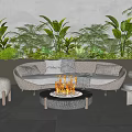 L Shaped Wicker Outdoor Sofa With Fire Pit Table And Green Plants 3d model