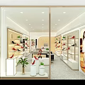 Modern Tang Chen Shoe Store With Wooden Shelves Red Black Shoes And Green Plants